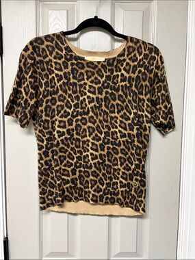 Michael Kors Leopard Print Short Sleeve Sweater - Brown & Black